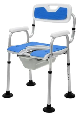 Produktbild von Toilettenstuhl für Senioren, höhenverstellbarer Töpfchenstuhl mit gepolsterter Sitzfläche und Toiletteneimer, Tragfähigkeit 150 kg (Blau)