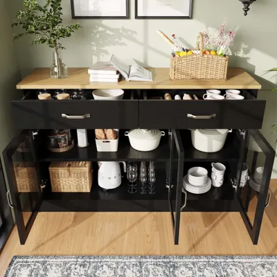 Obrázek produktu pro Komoda AIORBER, design prosklené skříňky, dvě zásuvky, velký úložný prostor, ochrana proti překlopení, do kuchyně, jídelny a obývacího pokoje, 120x40x84 cm, černá barva