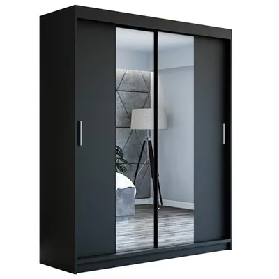 A black sliding door wardrobe with mirrored panels.