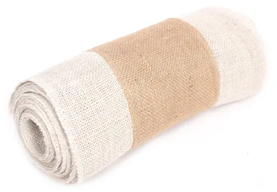 Produktbild von Jute Tischläufer 30 cm breit – Natur & Weiß – Meterware – 100 % Jute – Boho Deko, rustikal, Hochzeit, DIY, Tischdeko (N-11)