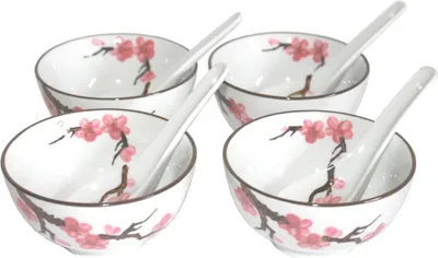 Produktbild von 775 Matcha Reisschalen 4 er Set mit 4 Löffel (8 Teile) Sakura – Kirschblüte ø 11 cm
