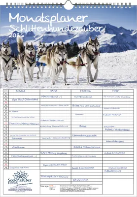 Produktbild von Schlittenhundezauber Planer Familienplaner 4 Spaltenplaner DIN A3 Kalender für 2026 Welpen und Hunde - Seelenzauber