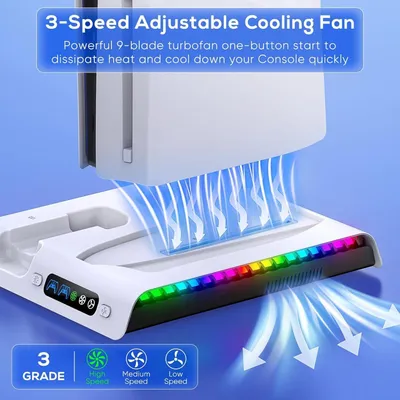 Produktbild von PS5 Slim Konsole Stander mit Lufter/Ladestation PlayStation 5-Controller Standfuß Zubehör kompatibel mit Playstation5 Slim Digital/Disc Edition mit 9