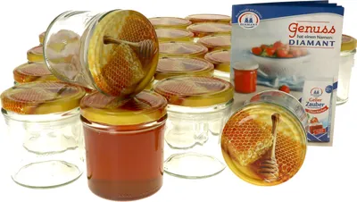 Zdjęcie produktu dla zestaw 25 słoików na przetwory 350 ml z okrągłą pokrywką o strukturze plastra miodu