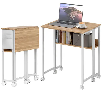 Image de HOMCOM Bureau pliant Petit bureau pliant de 63 cm avec roulettes, couleur naturelle