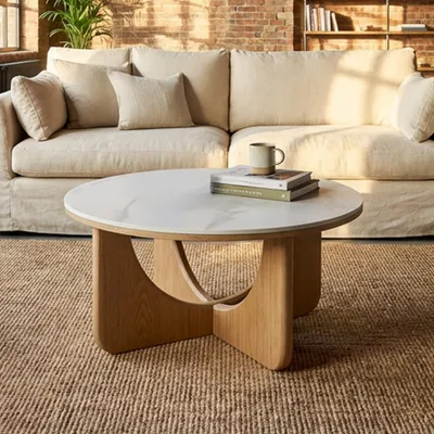 Produktbild von riess-ambiente Runder Couchtisch ENSO 80cm weiß natur Marmor-Design Keramik Eiche mit X-Gestell