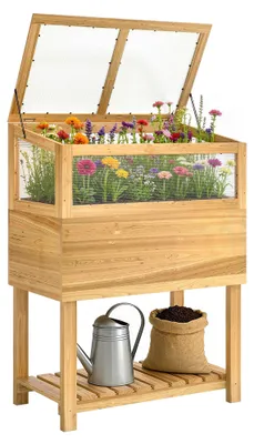 Produktbild von Outsunny Hochbeet mit Frühbeetaufsatz aus Holz erhöhter Pflanzkasten Naturholz