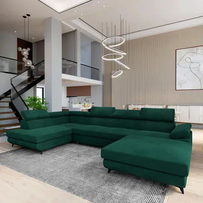 A spacious, modern living room with a large sectional sofa.