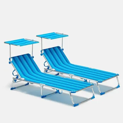 Immagine prodotto di 2 lettini mare pieghevoli con tettuccio parasole California - Strisce blu
