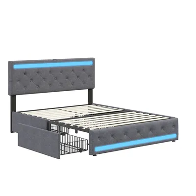 Produktbild von Doppelbett - Polsterbett 160x200 cm - LED-Beleuchtung - 4 Rollschubladen - USB-Ladeanschlüsse - Stauraum - Gepolstertes Kopfteil