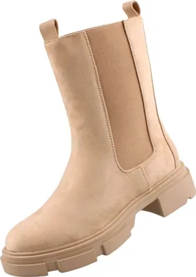 A single beige Chelsea boot is shown against a white background.