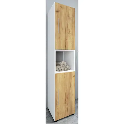 A tall, narrow bathroom cabinet with two wooden doors and an open shelf in the middle.