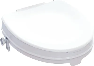 A white toilet seat riser with a lid, shown from a slightly elevated diagonal angle.