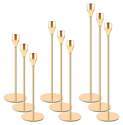 Produktbild von Kerzenständer Set 9 Stück Gold Metall Kegelkerzenhalter, Vintage Deko für Abendessen bei Kerzenlicht, Wohnkultur, Hochzeit, Schrankdekoration