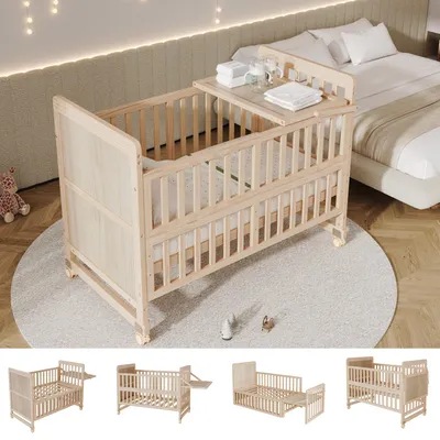 Immagine prodotto di Letto a sbarre Merax 60 x 120 cm, culla 3-in-1 con fasciatoio, regolabile in altezza su 3 livelli, utilizzabile come lettino, culla e letto per bambini, realizzata in legno di pino, finitura naturale