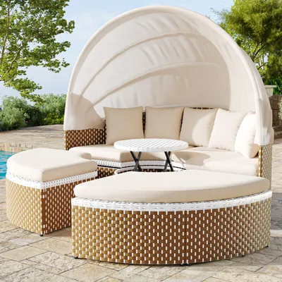 Produktbild von Multifunktionales Garten-Lounge-Set – Muschel-Sessel/Bett mit ausziehbarem Baldachin &anhebbarer Tischplatte,inkl. aller Kissen,Gartenmöbel-Set,Beige