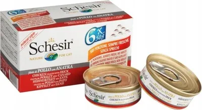 Produktbild von SCHESIR Hähnchenfilets mit Ente in Brühe – Nassfutter für Katzen – 6x50g