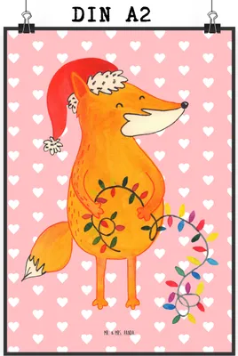 Produktbild von Mr. & Mrs. Panda Bild Fuchs Weihnachten DIN A2 - Rot Pastell - Geschenk, Winter, Weihnachtsmann, Heiligabend, kunstdruck poster, Weihnachtszeit, Wandbild, drucke