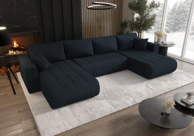 Image de Canapé d'angle avec fonction de couchage et coffre de lit MILO U, tissu WIND, bleu foncé