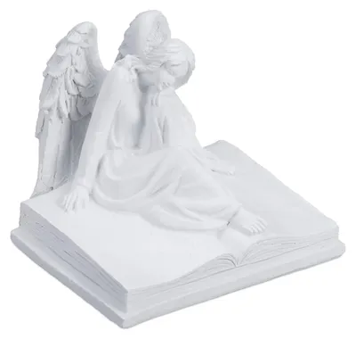 Image de Ange de tombe, résistant aux intempéries et au gel, H x L x P : 15 x 17,5 x 15,5 cm, décoration funéraire, ange gardien posé sur un livre, polyrésine, blanc