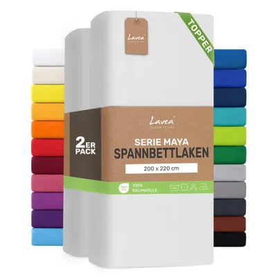 Zdjęcie produktu dla Zestaw 2 sztuk prześcieradeł elastycznych Lavea® o wymiarach 200x220 cm, wykonanych w 100% z bawełnianej dzianiny – do materacy o grubości do 10 cm – miękkie, białe