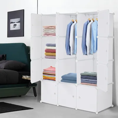 Produktbild von FCH Kleiderschrank mit 2 Kleiderstangen, DIY Baukastensystem, Einlegeböden, tiefe Ausführung, 4 Etagen, 12 Fächer, 108x47x142cm, weiß