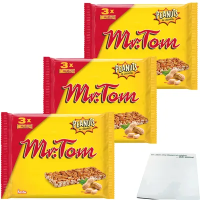 Produktbild von Mr.Tom Erdnuss Caramell Riegel 3er Pack (9x40g Riegel) + usy Block