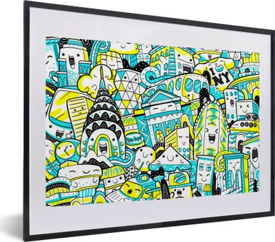 Produktbild von MuchoWow® MuchoWow® Gerahmtes Poster New York - Blau - Gelb 40x30 cm - Poster mit zchwarzem Bilderrahmen - Bilderrahmen - Poster im Rahmen