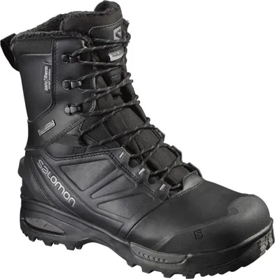 A black Salomon hiking boot.