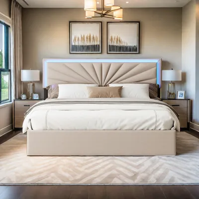 Image de Lit double avec tiroirs de rangement - Lit tapissé - Lit avec éclairage LED - 160x200 cm - Beige