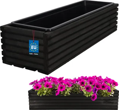 Zdjęcie produktu dla KOTARBAU® drewniana skrzynka na kwiaty 64x20cm z wewnętrzną doniczką skrzynka balkonowa czarna doniczka balkonowa doniczka na kwiaty doniczka drewniana doniczka zewnętrzna balkon ogród taras skrzynka z wkładką