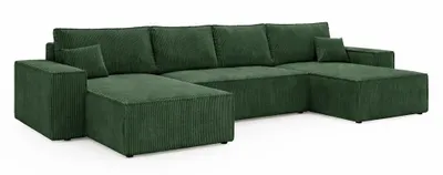 Obrázek produktu pro Rohová sedačka ANMIL, tvar U, model LAGOS, rozměry 370 × 94 x 181 cm – Kordová sedačka s funkcí rozkládacího lůžka a úložným prostorem, barva zelená