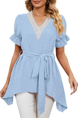 Produktbild von ASKSA Damen Chiffon Spitze Kurzarm Shirt V-Ausschnitt Tunika Bluse Einfarbig T-Shirts Oberteile, Himmelblau, XXL