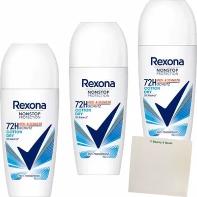 Produktbild von Rexona Nonstop Protection Deo Roll-On Baumwolle Dry 3er Pack (3x50 ml) + usy Block