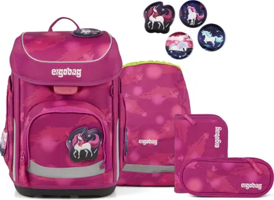 A collection of school supplies with a unicorn theme, including a backpack, a drawstring bag, and pencil cases.