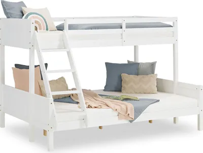 Produktbild von Homestyle4u Etagenbett, Weiß, Liegeflächen 90x200 & 140x200 cm, Maße 207x146,5x139 cm (L/B/H), Kiefernholz, für Kinder & Jugendliche, mit Absturzsicherung, Rollrost, beidseitig montierbarer Leiter, platzsparend, einfache Montage.