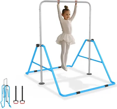 Image de YARDIN Barre de gymnastique réglable pour enfants, barre fixe pliable, hauteur réglable de 91 à 133 cm, charge maximale 140 lbs, barre de gymnastique d'intérieur pour enfants, idéale pour les 3-8 ans – Bleu