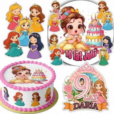 Zdjęcie produktu dla Zestaw Opłatek Na Tort 20Cm + 16 Postaci - Księżniczka + Imię 15Cm 18Cm