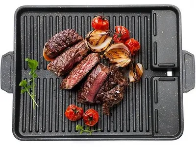 Produktbild von Unyqoos® Rechteckige Grillplatte 37 x 26 cm – Antihaftbeschichtung, Fettablauf & Tragegriff, für Camping, Gas, Induktion und Keramik