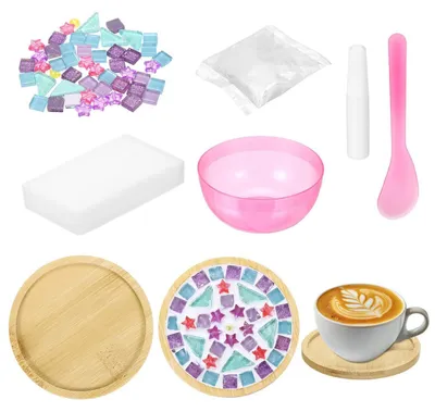 Image de Kit de mosaïque pour adultes, sous-verre rond en bois, dimensions 95x95x10 mm, à réaliser soi-même