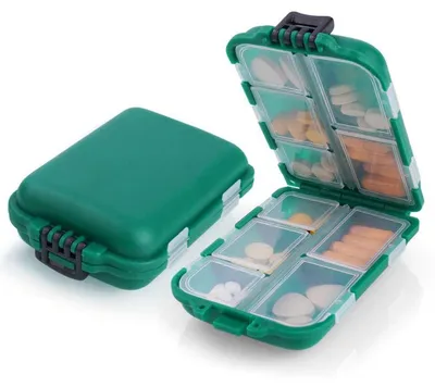 Immagine prodotto di Contenitore per pillole da 7 giorni, con 10 scomparti, colore verde. Contenitore per farmaci, ideale per viaggi e uso quotidiano