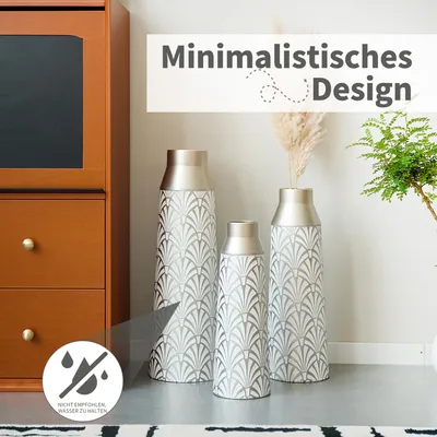 Produktbild von MODFU 3er Set Bodenvase,Metallbodenvasen in Weiß-Silber mit Fächerrelief ,43,5/51/61 cm,für Wohnzimmer & Flur