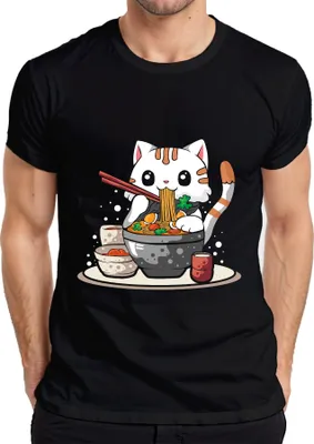 Produktbild von Kawaii Neko Katze Ramen Nudel Suppe Japan Anime Manga süß Cartoon Herren T-Shirt, Schwarz, XL