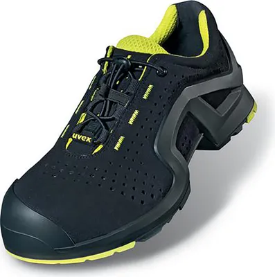 A single black and yellow safety shoe is shown against a white background.