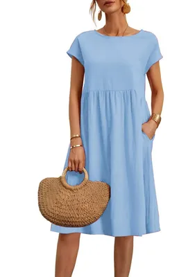 Produktbild von Sommerkleid für Damen – aus Baumwolle und Leinen – Midi-Länge mit Taschen – Blau