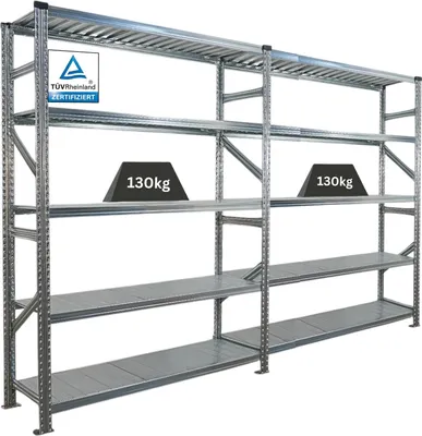 Produktbild von Fachbodenregal PROXIMO mit  Stecksystem | Komplettregal | HxBxT 200x300x40cm | 5 Ebenen | Fachlast 130 kg | Beidseitig nutzbar | Verzinkt