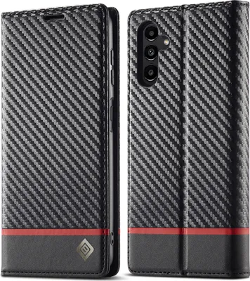 Produktbild von Hülle für Samsung Galaxy A24 4G Kohlefaser Leder Brieftasche Schutzhülle mit Standfunktion Schwarz Horizontal Rot
