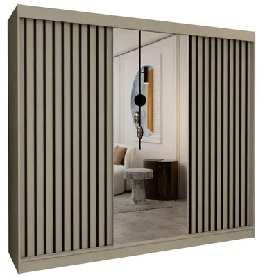 Produktbild von 240 cm Kleiderschrank Erika mit Lamellen und Spiegel Schwebetürenschrank Kleiderstange Garderobe (Farbe: kaschmir, schwarz)
