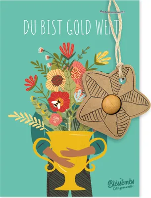 Produktbild von Blossombs Geschenkkarte mit Samenbomben - Anhänger mit Blumenzwiebeln - Du bist Gold wert