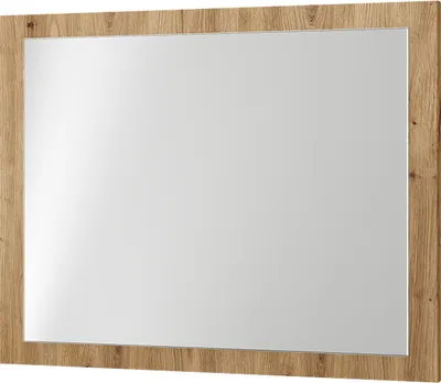 A rectangular mirror with a wooden frame.